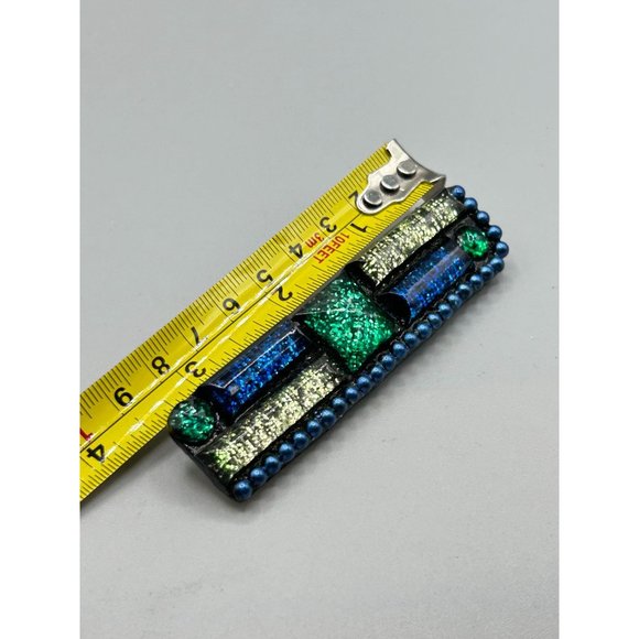 90s Handcrafted Brooch Blue and Green Glittery Pin Rectangle Geometric Design - Picture 7 of 7